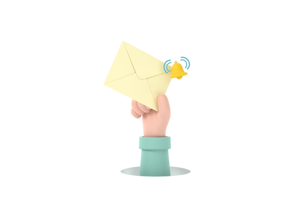 Hand hold an envelope of sending notification with email message bell icon.